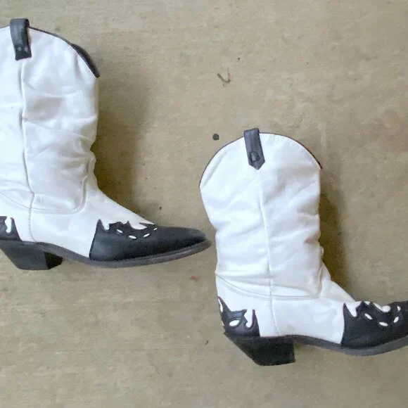 Vintage 1970s Womens Black and White Leather Mid Calf Cowboy Boots - Picture 8 of 10